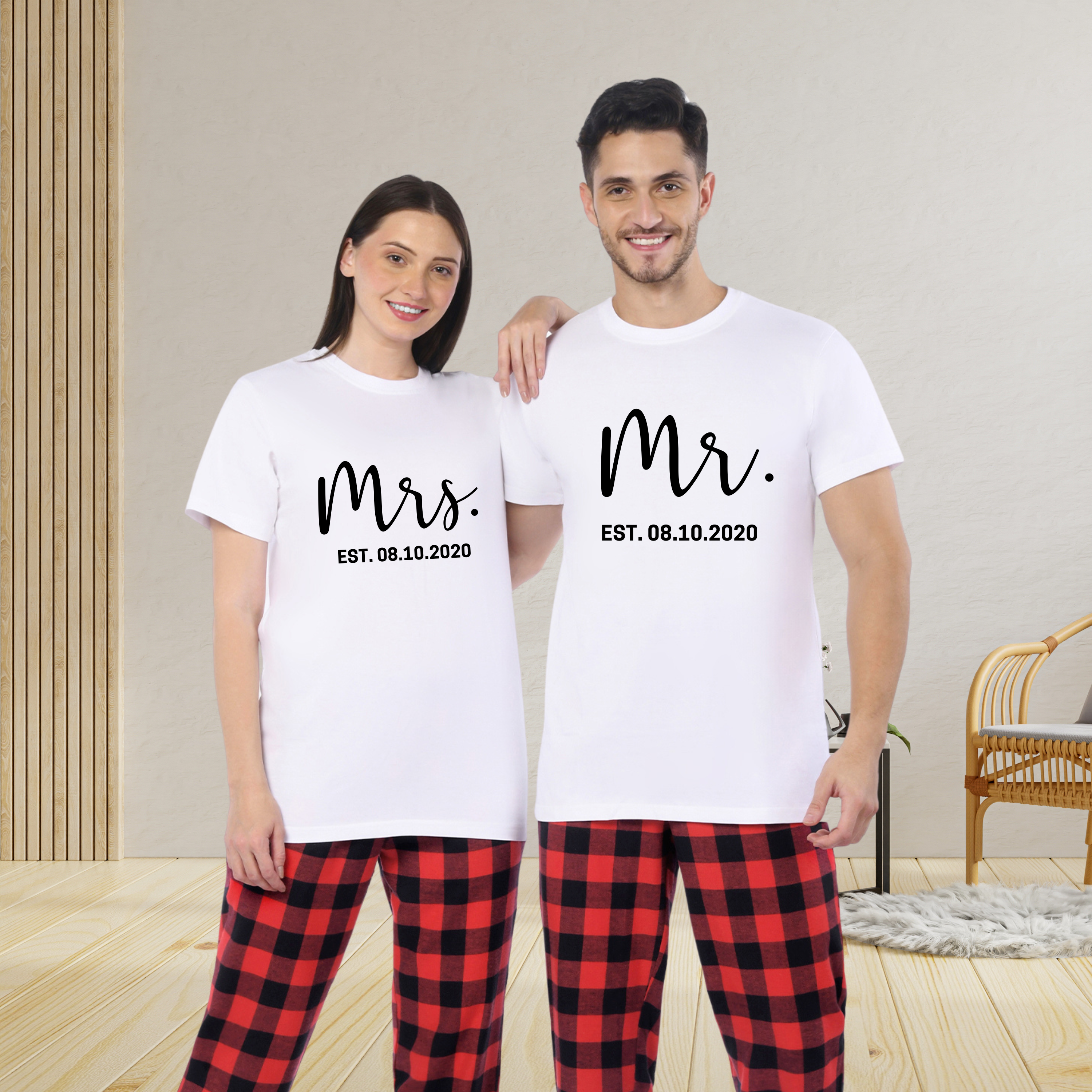 matching dress and shirt for couples Couples Matching White T-Shirt with Red Pants
